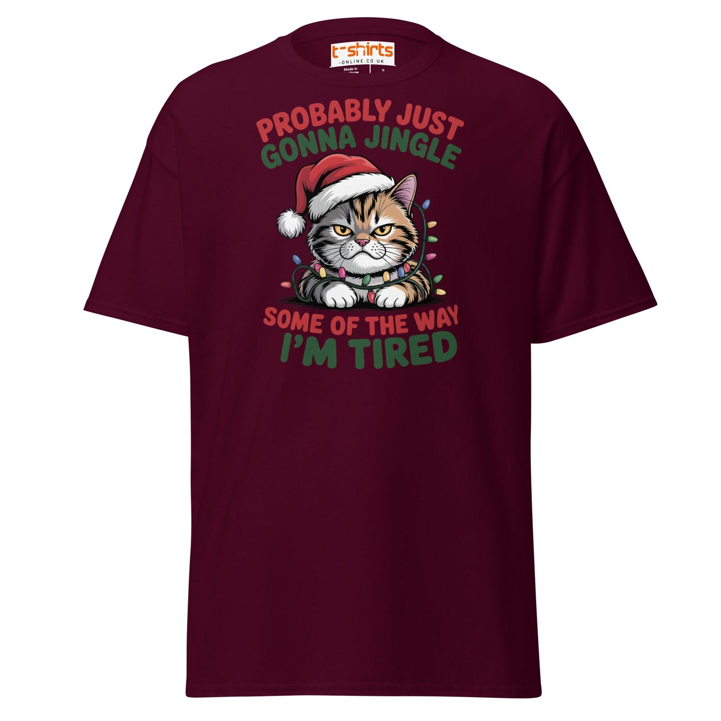 Tired Cat Christmas T-Shirt – Funny Festive Lazy Cat Tee - Maroon - T-Shirts Online