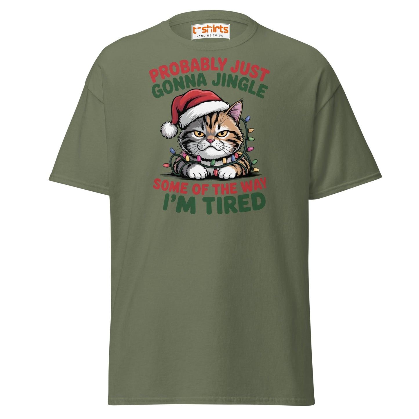 Tired Cat Christmas T-Shirt – Funny Festive Lazy Cat Tee - Military Green - T-Shirts Online
