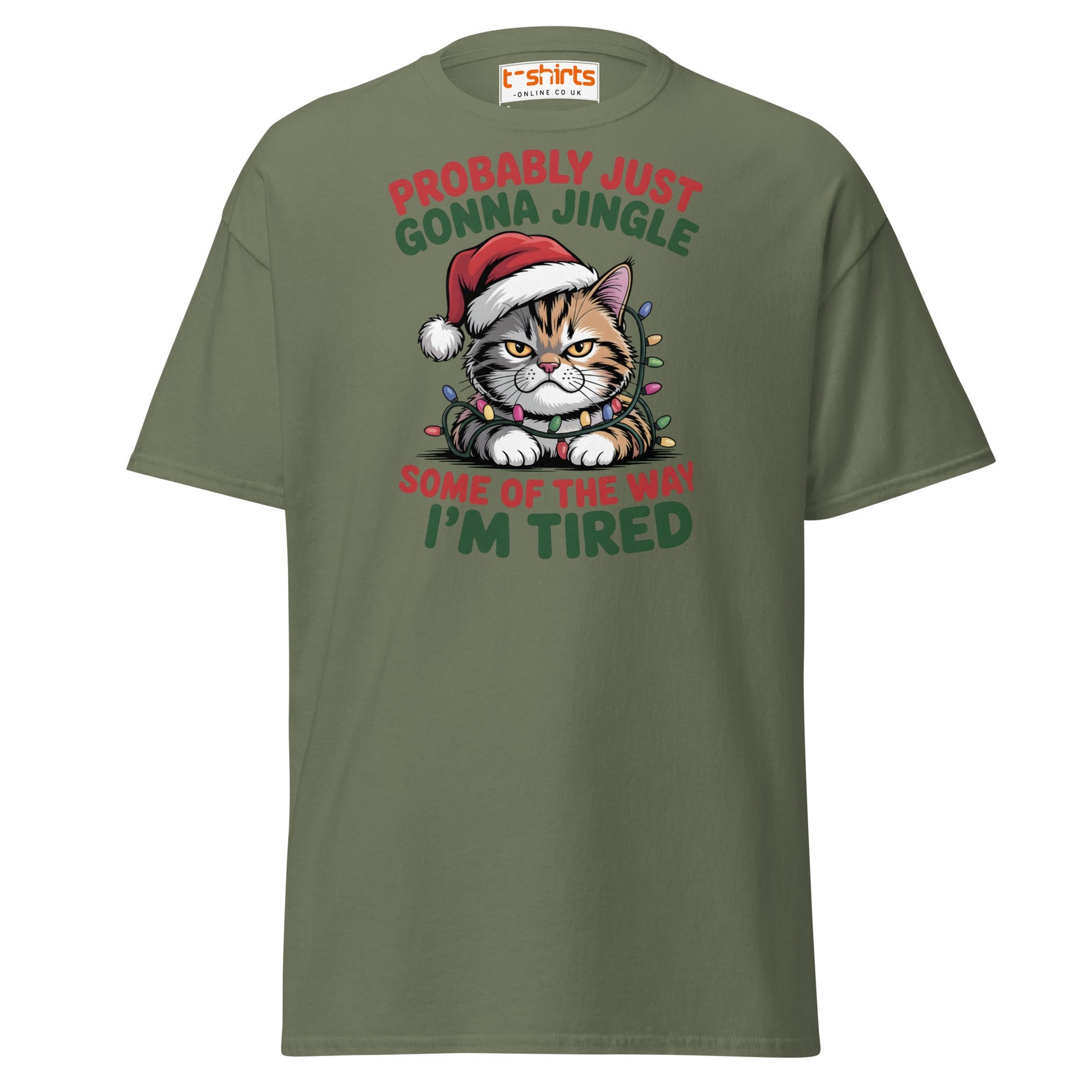 Tired Cat Christmas T-Shirt – Funny Festive Lazy Cat Tee - Military Green - T-Shirts Online