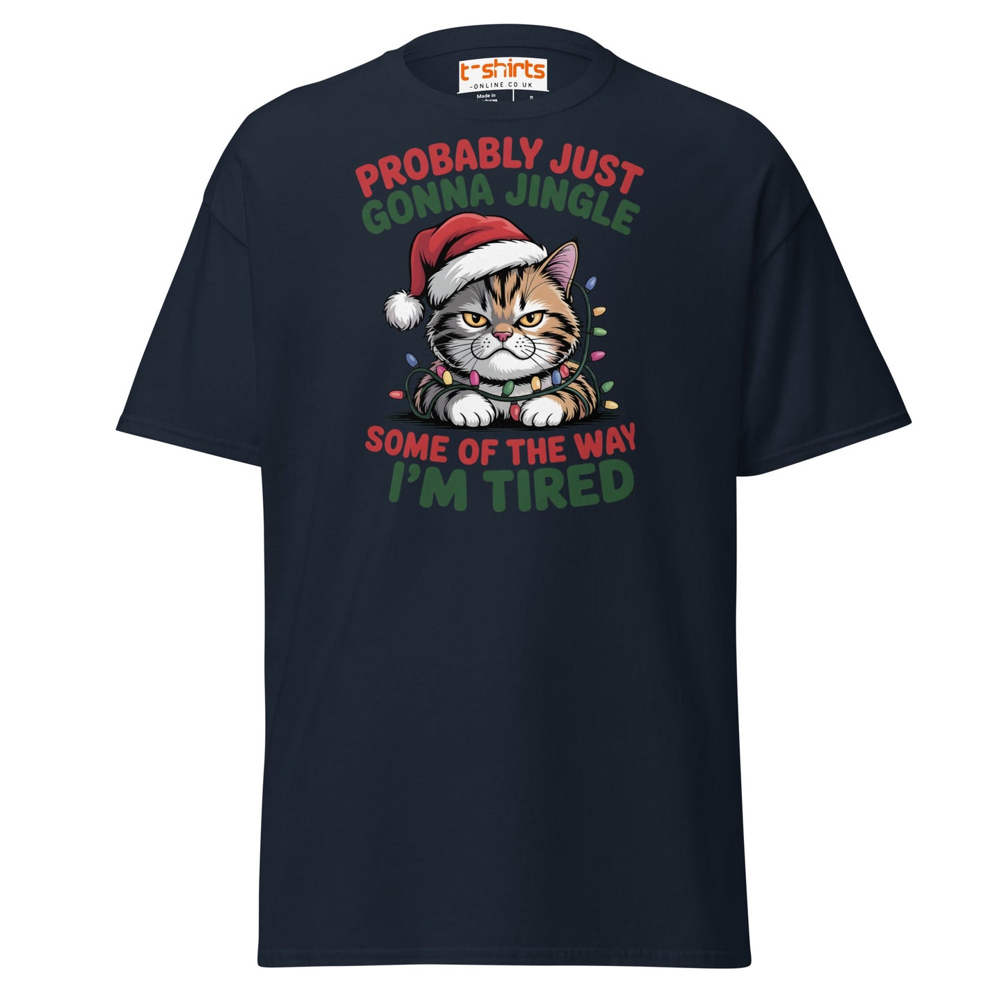 Tired Cat Christmas T-Shirt – Funny Festive Lazy Cat Tee - Navy - T-Shirts Online