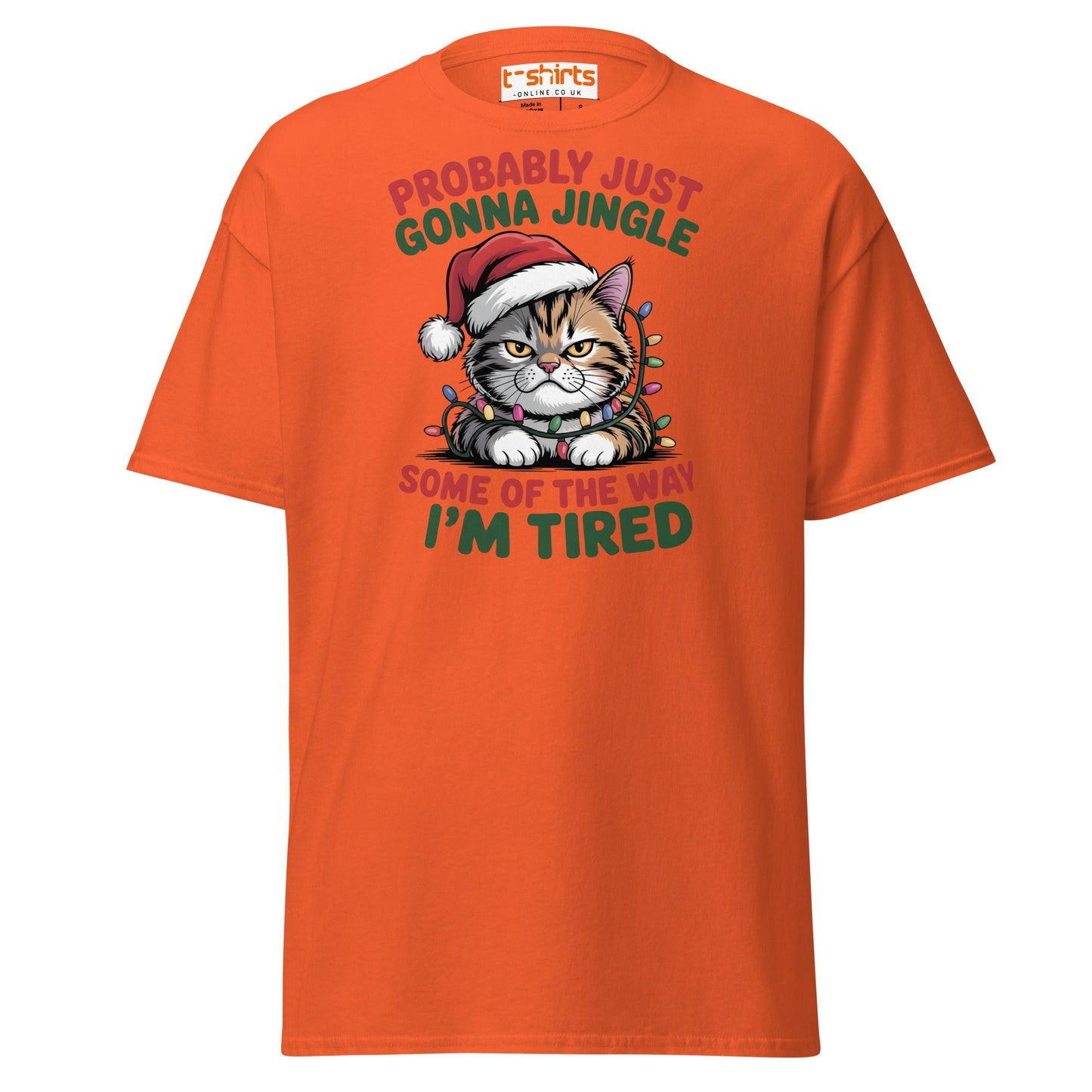 Tired Cat Christmas T-Shirt – Funny Festive Lazy Cat Tee - Orange - T-Shirts Online