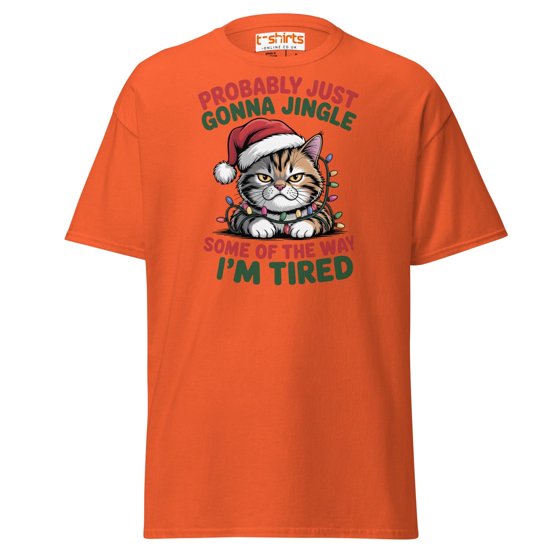 Tired Cat Christmas T-Shirt – Funny Festive Lazy Cat Tee - Orange - T-Shirts Online