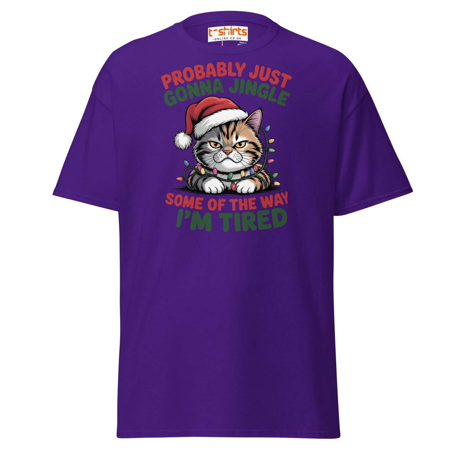 Tired Cat Christmas T-Shirt – Funny Festive Lazy Cat Tee - Purple - T-Shirts Online
