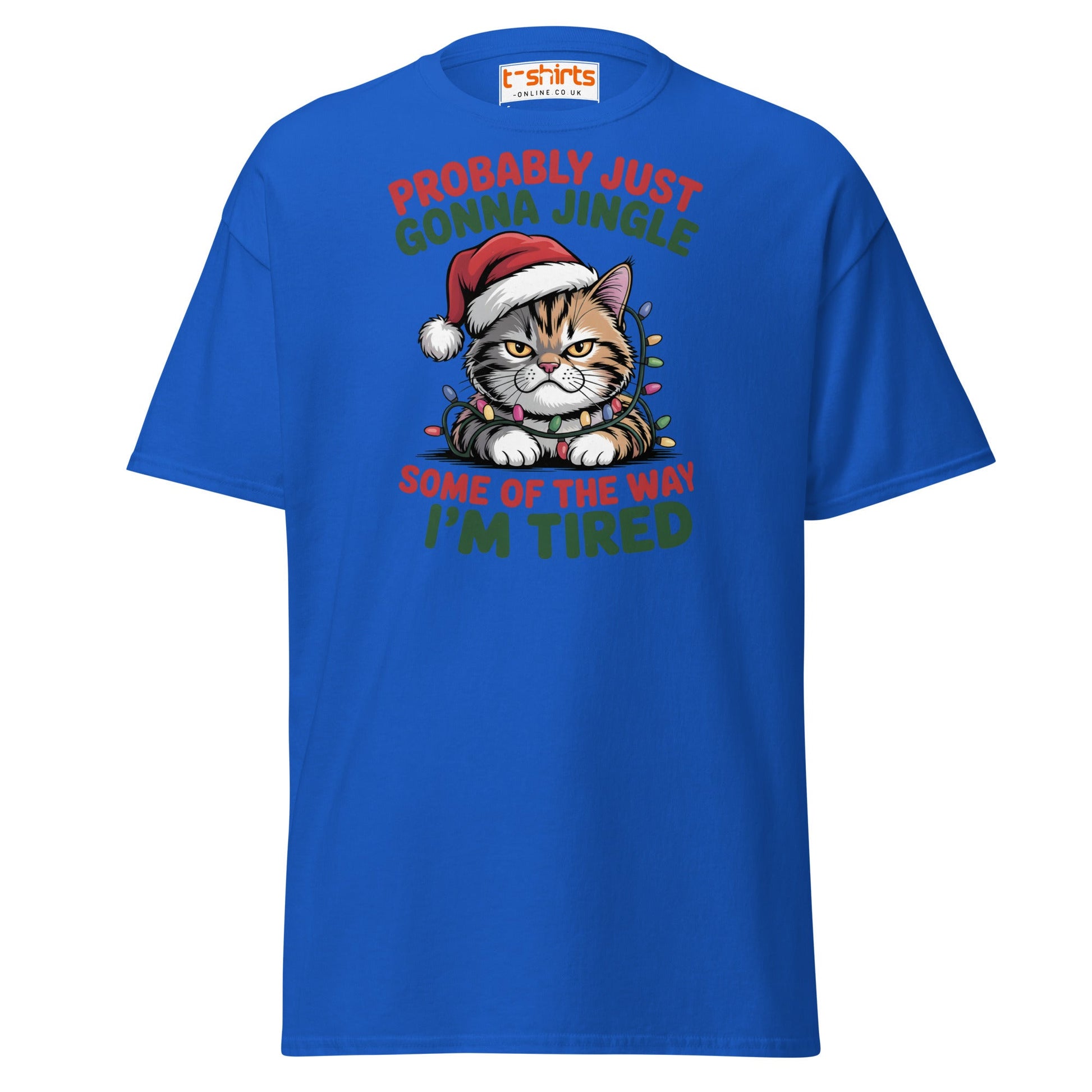 Tired Cat Christmas T-Shirt – Funny Festive Lazy Cat Tee - Royal - T-Shirts Online