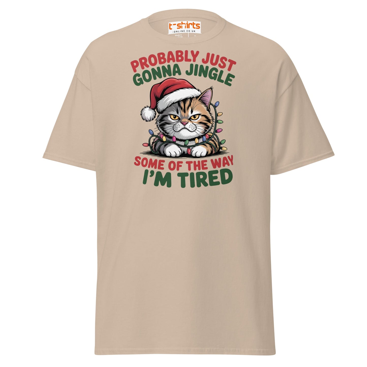 Tired Cat Christmas T-Shirt – Funny Festive Lazy Cat Tee - Sand - T-Shirts Online