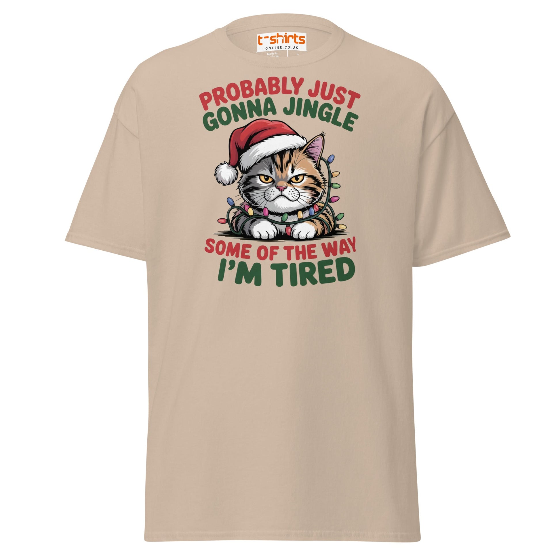 Tired Cat Christmas T-Shirt – Funny Festive Lazy Cat Tee - Sand - T-Shirts Online