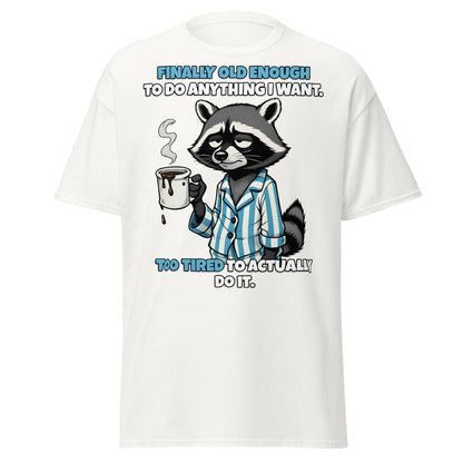 Tired Raccoon Funny Adulting T-Shirt - White - T-Shirts Online