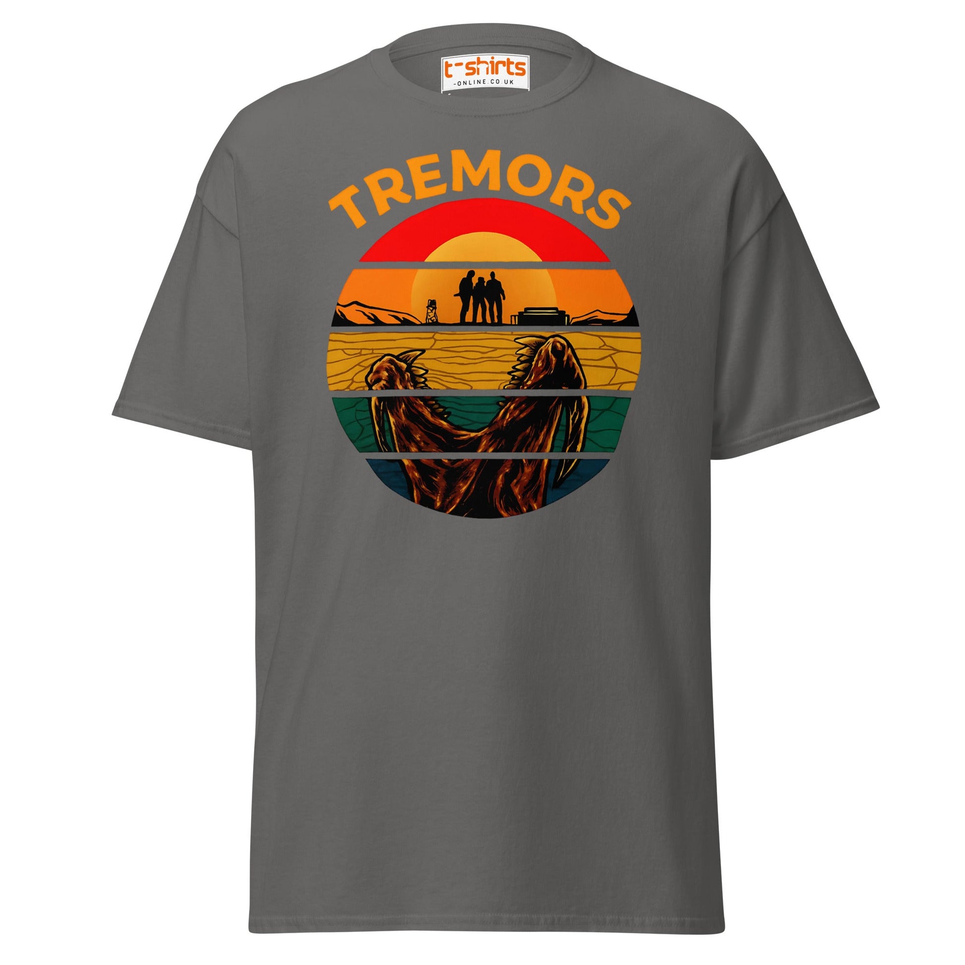 Tremors T-Shirt – Retro Sunset Graboid Movie Monster Tee - Charcoal - T-Shirts Online