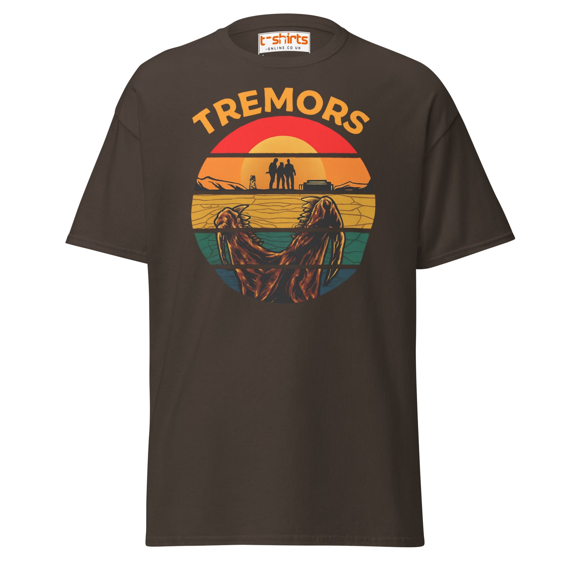 Tremors T-Shirt – Retro Sunset Graboid Movie Monster Tee - Dark Chocolate - T-Shirts Online