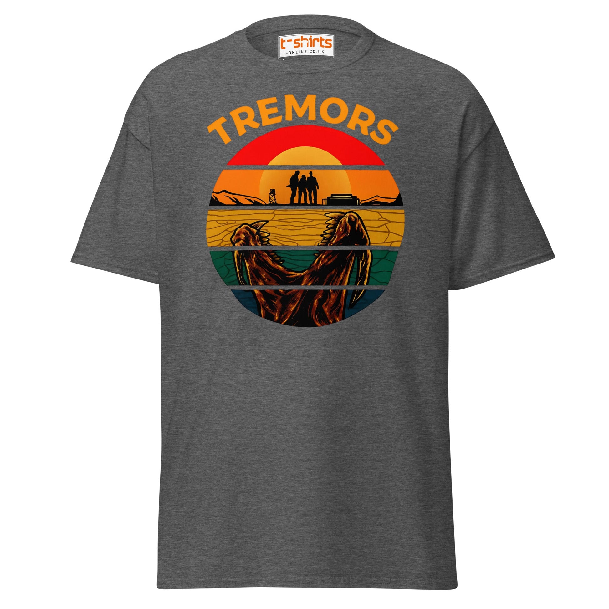 Tremors T-Shirt – Retro Sunset Graboid Movie Monster Tee - Dark Heather - T-Shirts Online