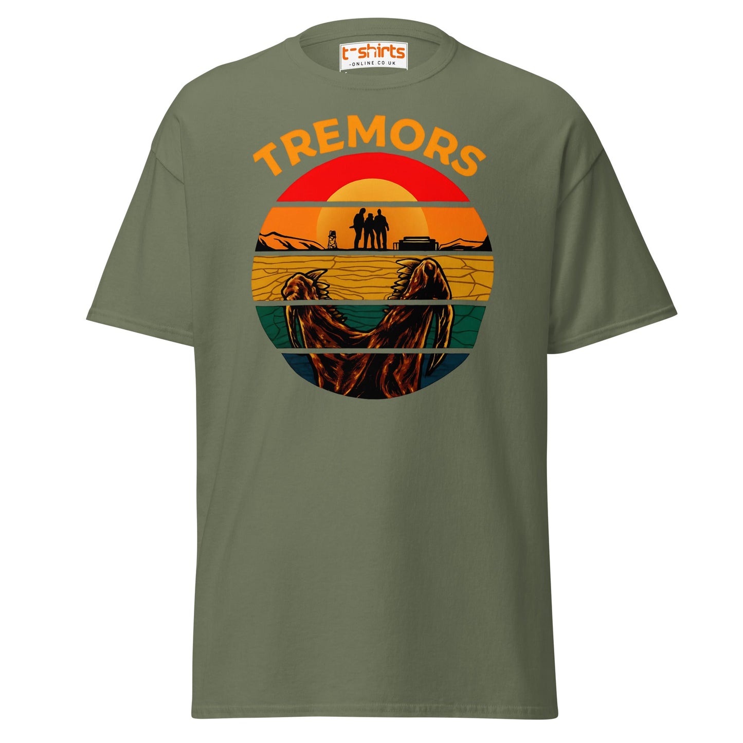 Tremors T-Shirt – Retro Sunset Graboid Movie Monster Tee - Military Green - T-Shirts Online
