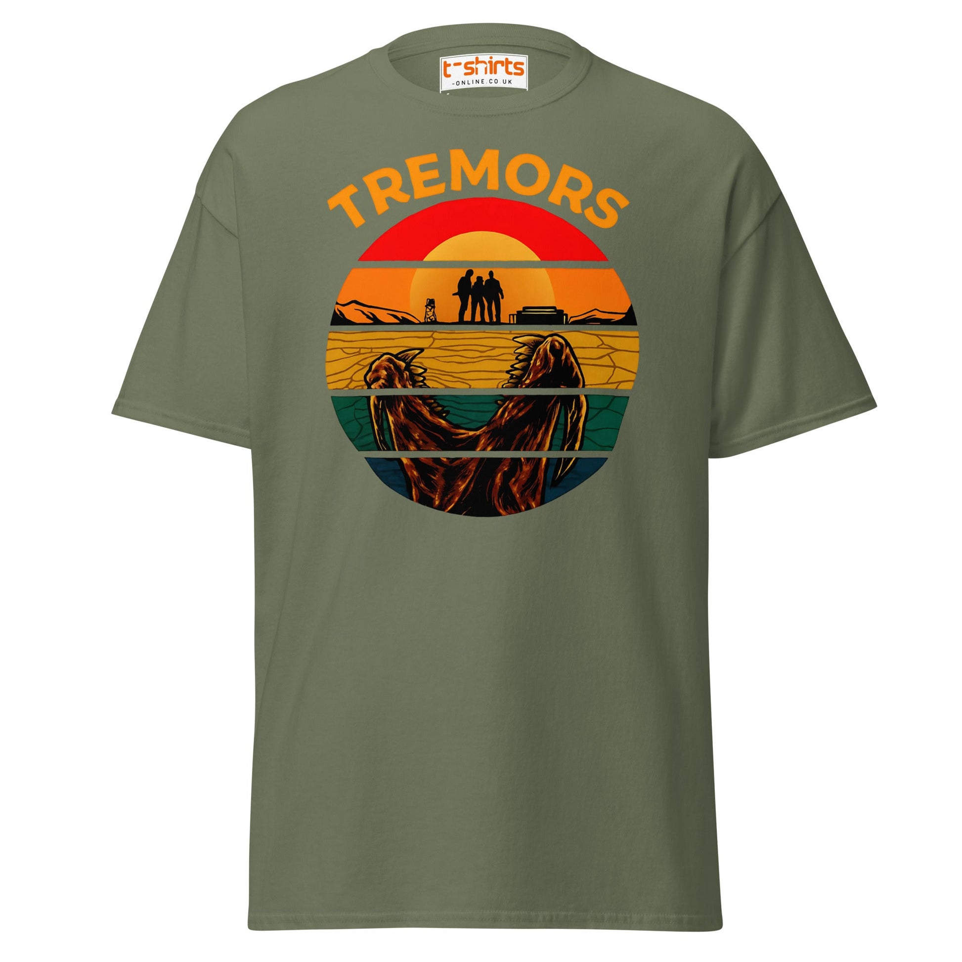Tremors T-Shirt – Retro Sunset Graboid Movie Monster Tee - Military Green - T-Shirts Online