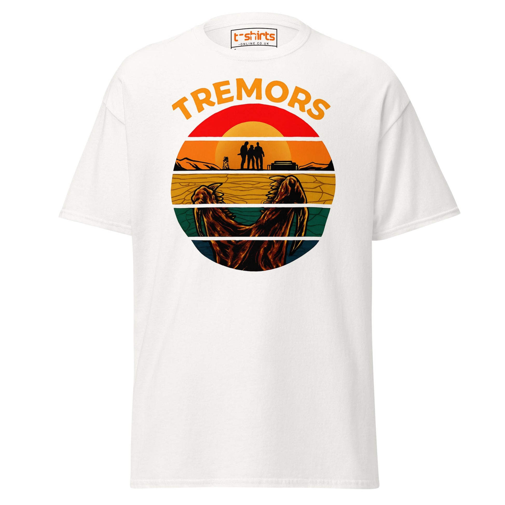 Tremors T-Shirt – Retro Sunset Graboid Movie Monster Tee - White - T-Shirts Online