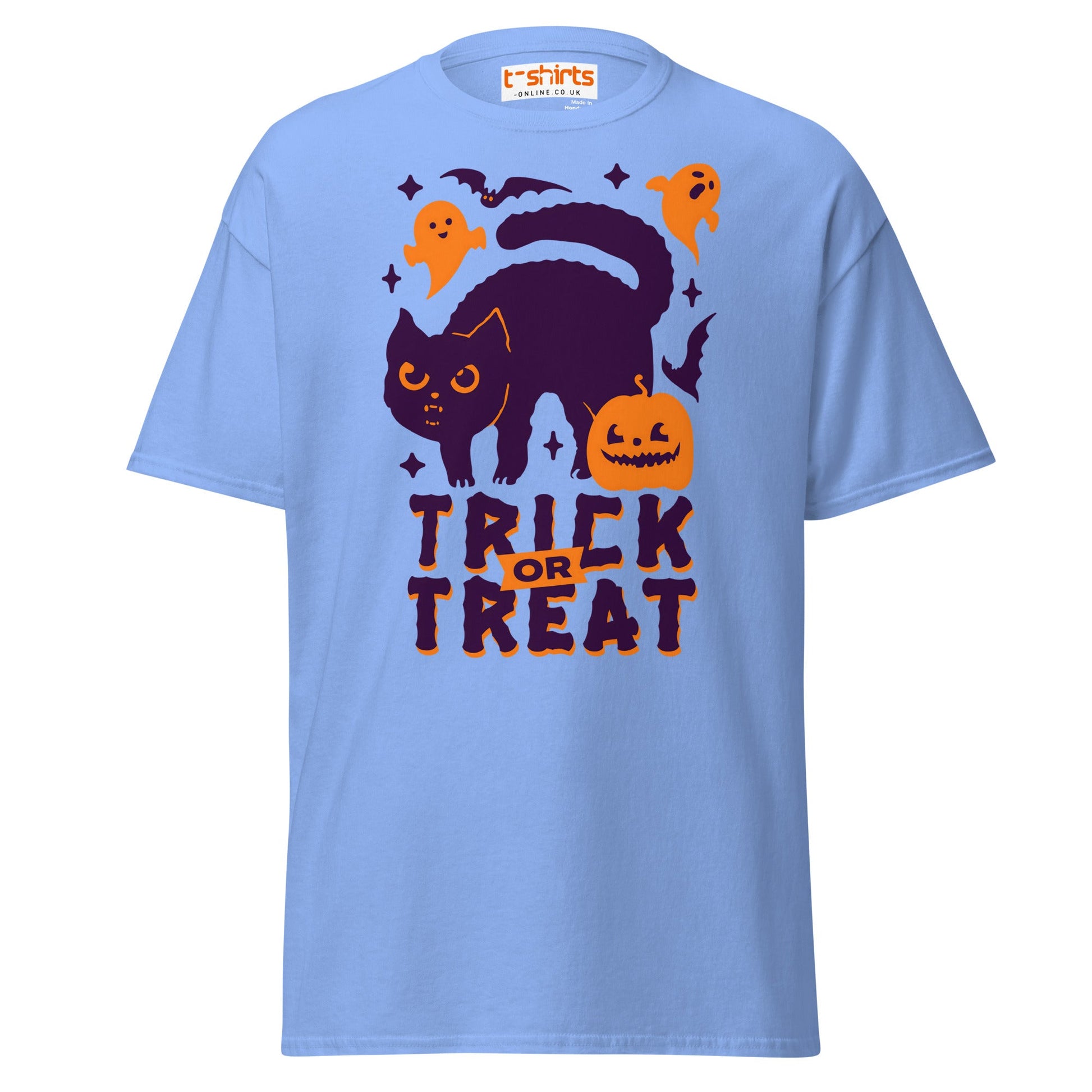 Trick or Treat Cat & Pumpkin Halloween T-Shirt - Carolina Blue - T-Shirts Online