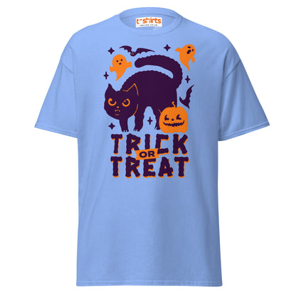 Trick or Treat Cat & Pumpkin Halloween T-Shirt - Carolina Blue - T-Shirts Online