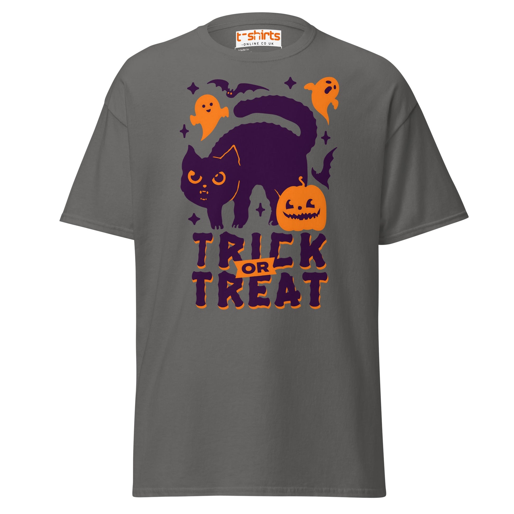 Trick or Treat Cat & Pumpkin Halloween T-Shirt - Charcoal - T-Shirts Online