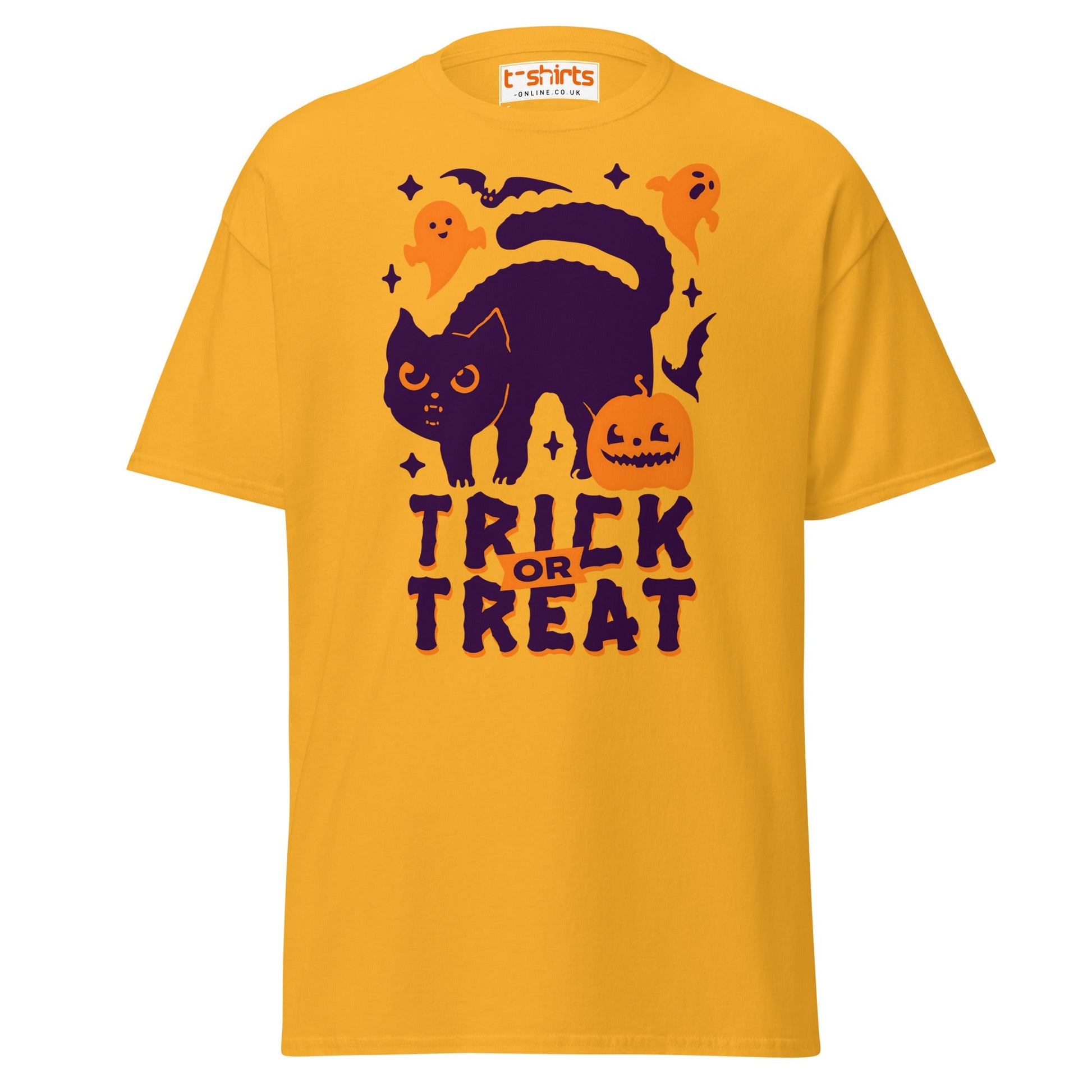 Trick or Treat Cat & Pumpkin Halloween T-Shirt - Gold - T-Shirts Online