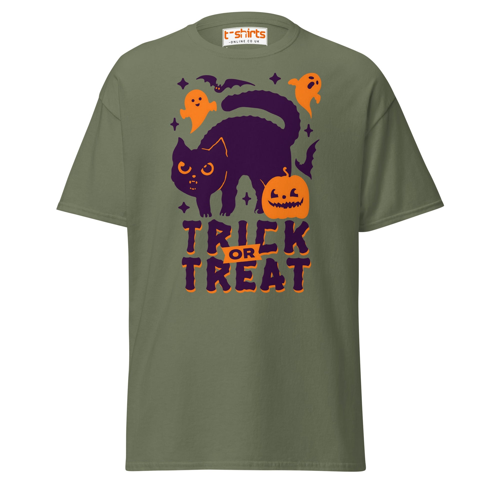 Trick or Treat Cat & Pumpkin Halloween T-Shirt - Military Green - T-Shirts Online