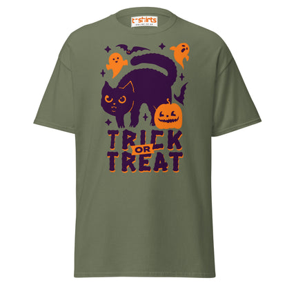 Trick or Treat Cat & Pumpkin Halloween T-Shirt - Military Green - T-Shirts Online