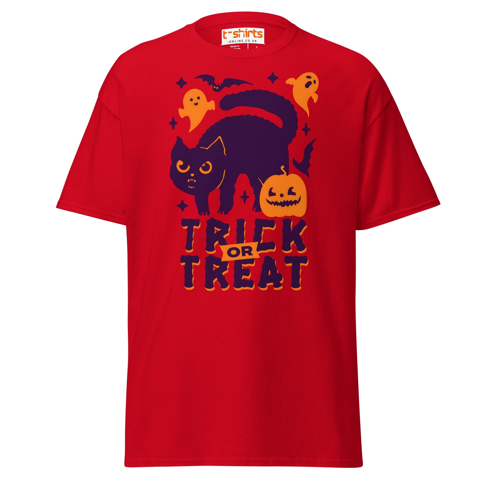 Trick or Treat Cat & Pumpkin Halloween T-Shirt - Red - T-Shirts Online
