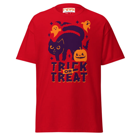 Trick or Treat Cat & Pumpkin Halloween T-Shirt - Red - T-Shirts Online