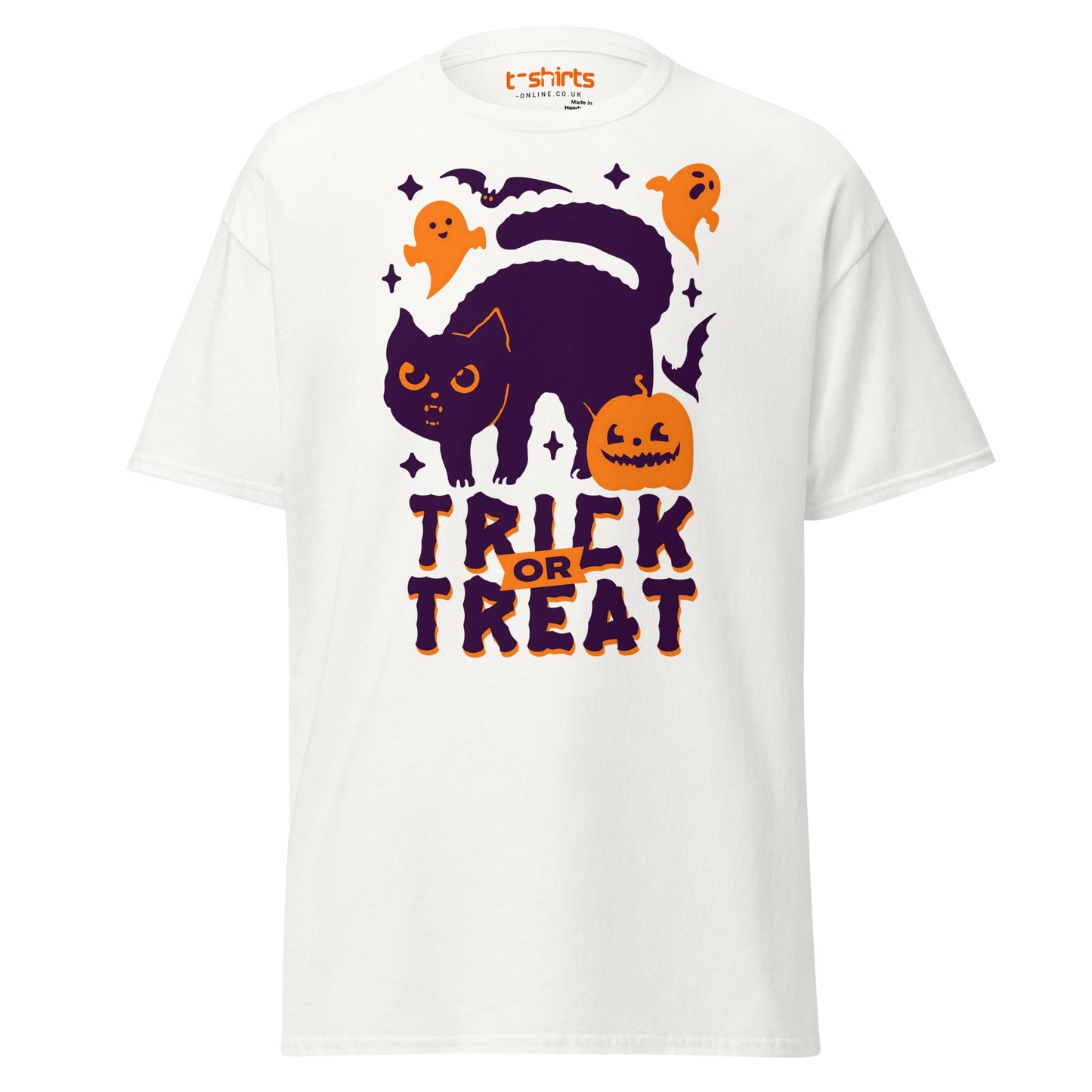 Trick or Treat Cat & Pumpkin Halloween T-Shirt - White - T-Shirts Online