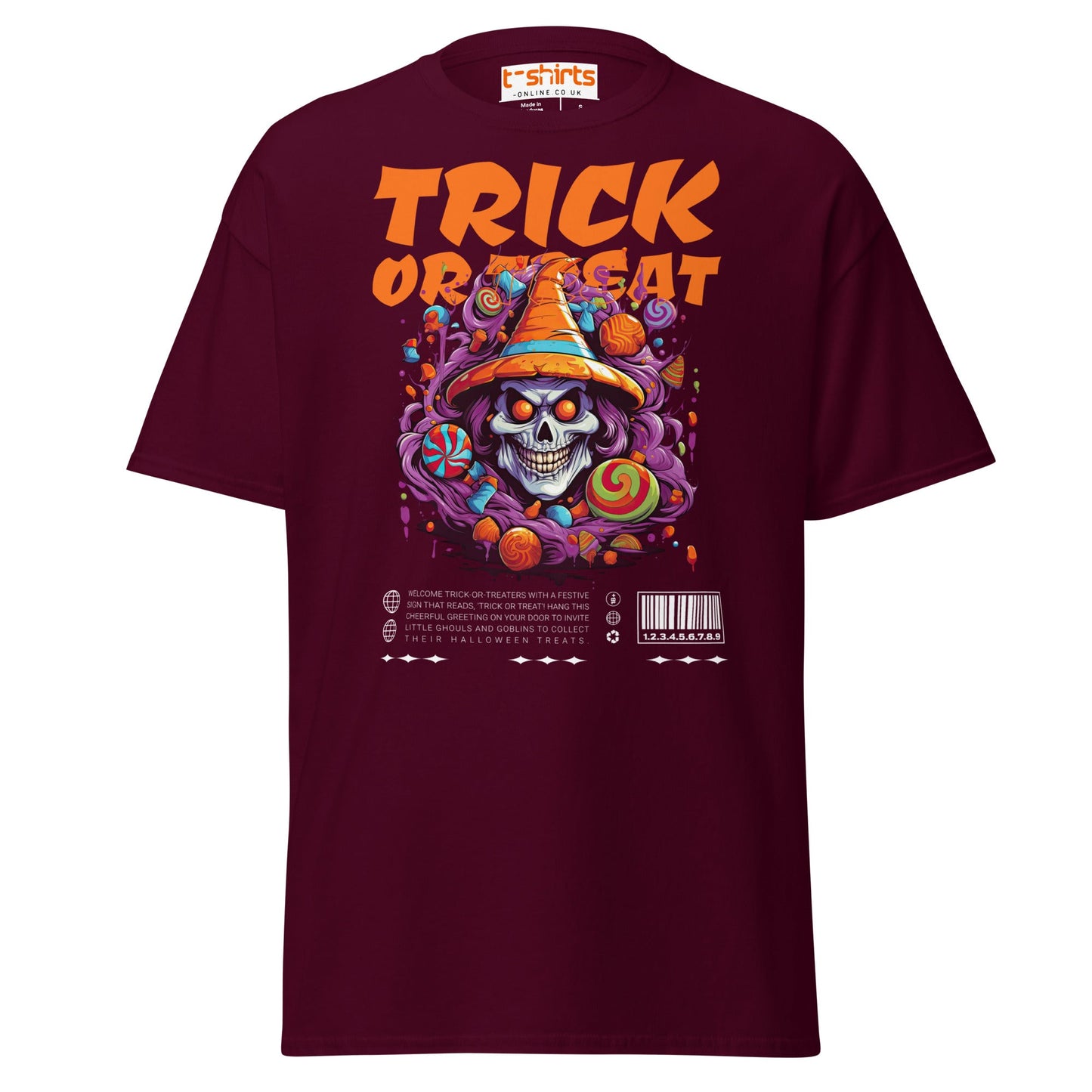 Trick or Treat Skull Halloween T-Shirt - Maroon - T-Shirts Online