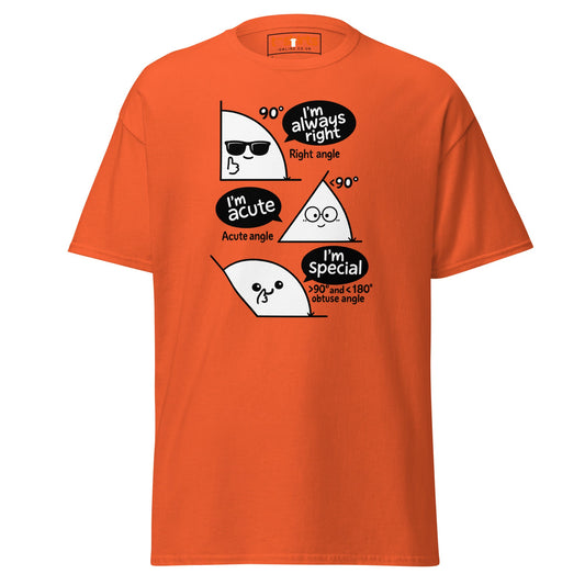 Orange t-shirt with geometric character designs and text on a white background