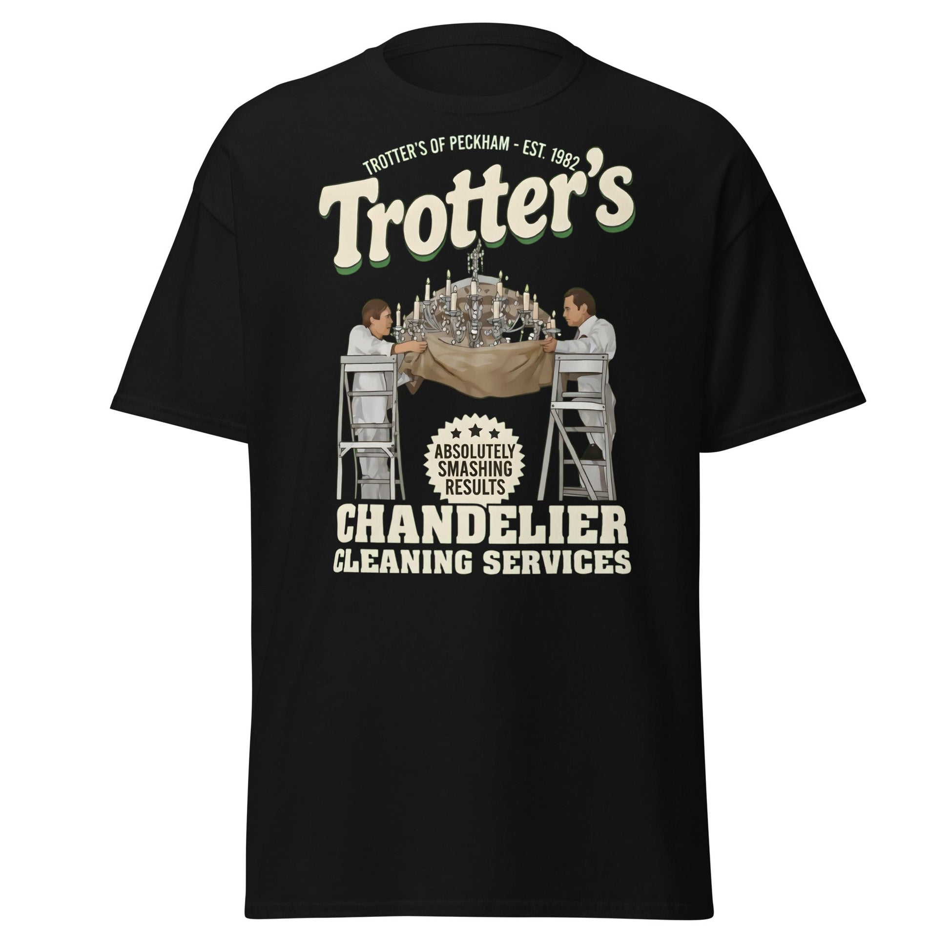 Trotters Chandelier Cleaning T-Shirt - Funny Peckham Tee - Black - T-Shirts Online