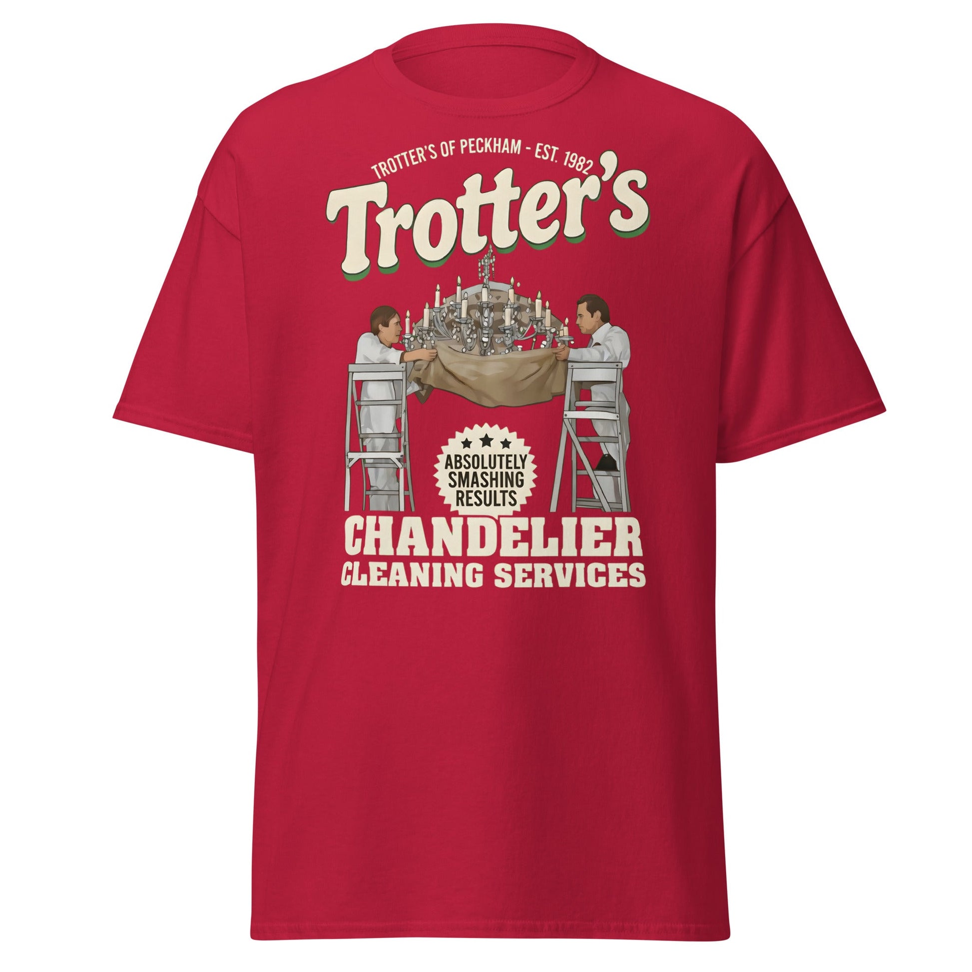 Trotters Chandelier Cleaning T-Shirt - Funny Peckham Tee - Cardinal - T-Shirts Online