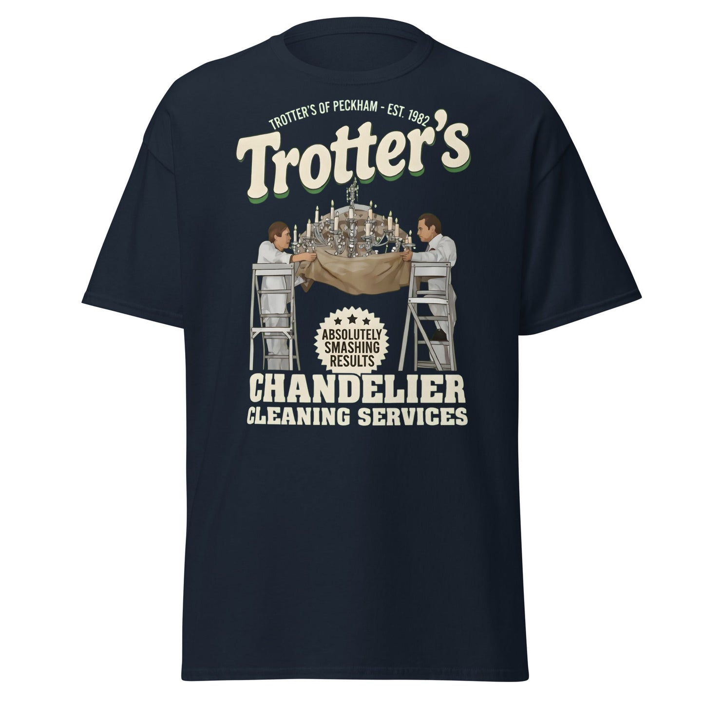 Trotters Chandelier Cleaning T-Shirt - Funny Peckham Tee - Navy - T-Shirts Online