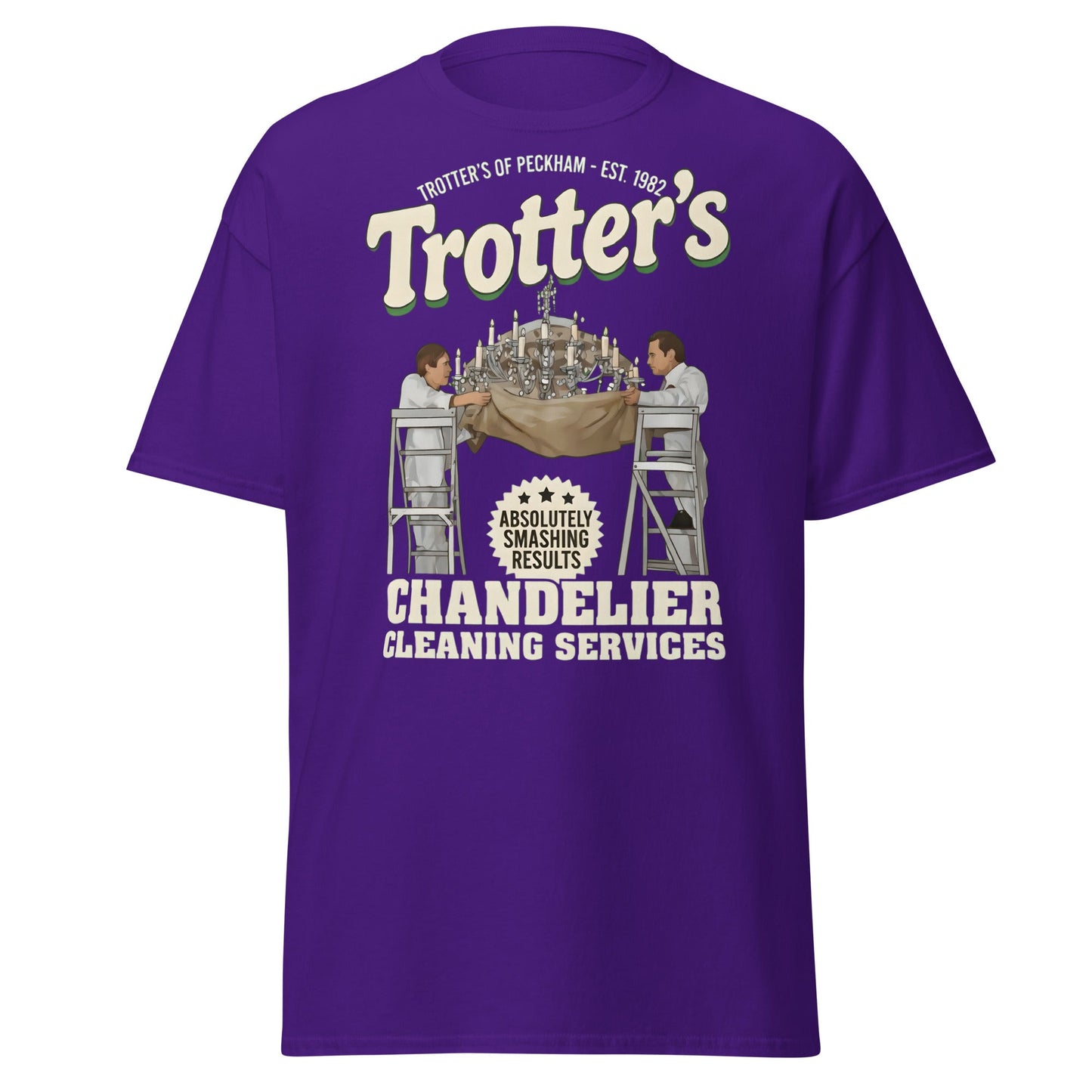 Trotters Chandelier Cleaning T-Shirt - Funny Peckham Tee - Purple - T-Shirts Online
