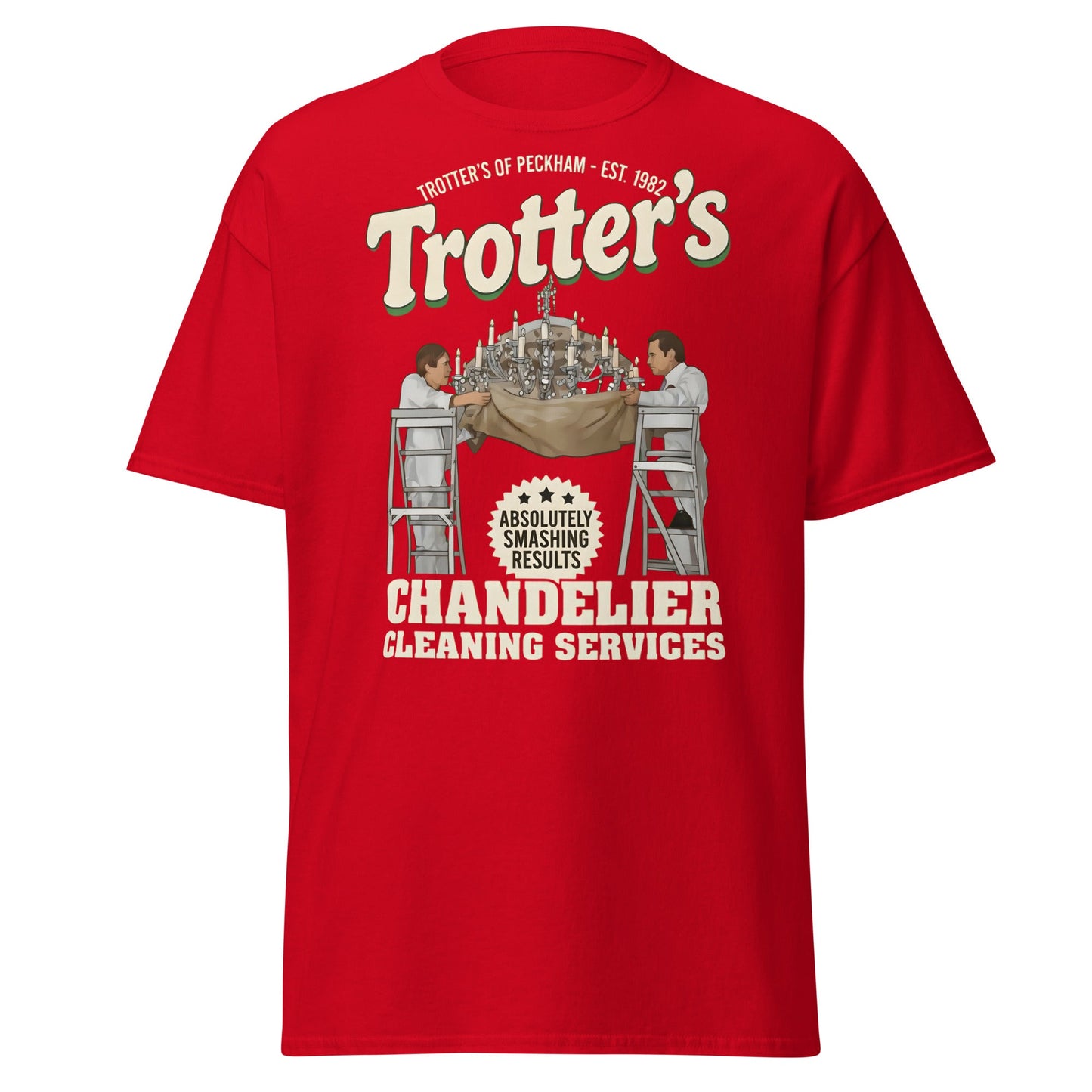 Trotters Chandelier Cleaning T-Shirt - Funny Peckham Tee - Red - T-Shirts Online