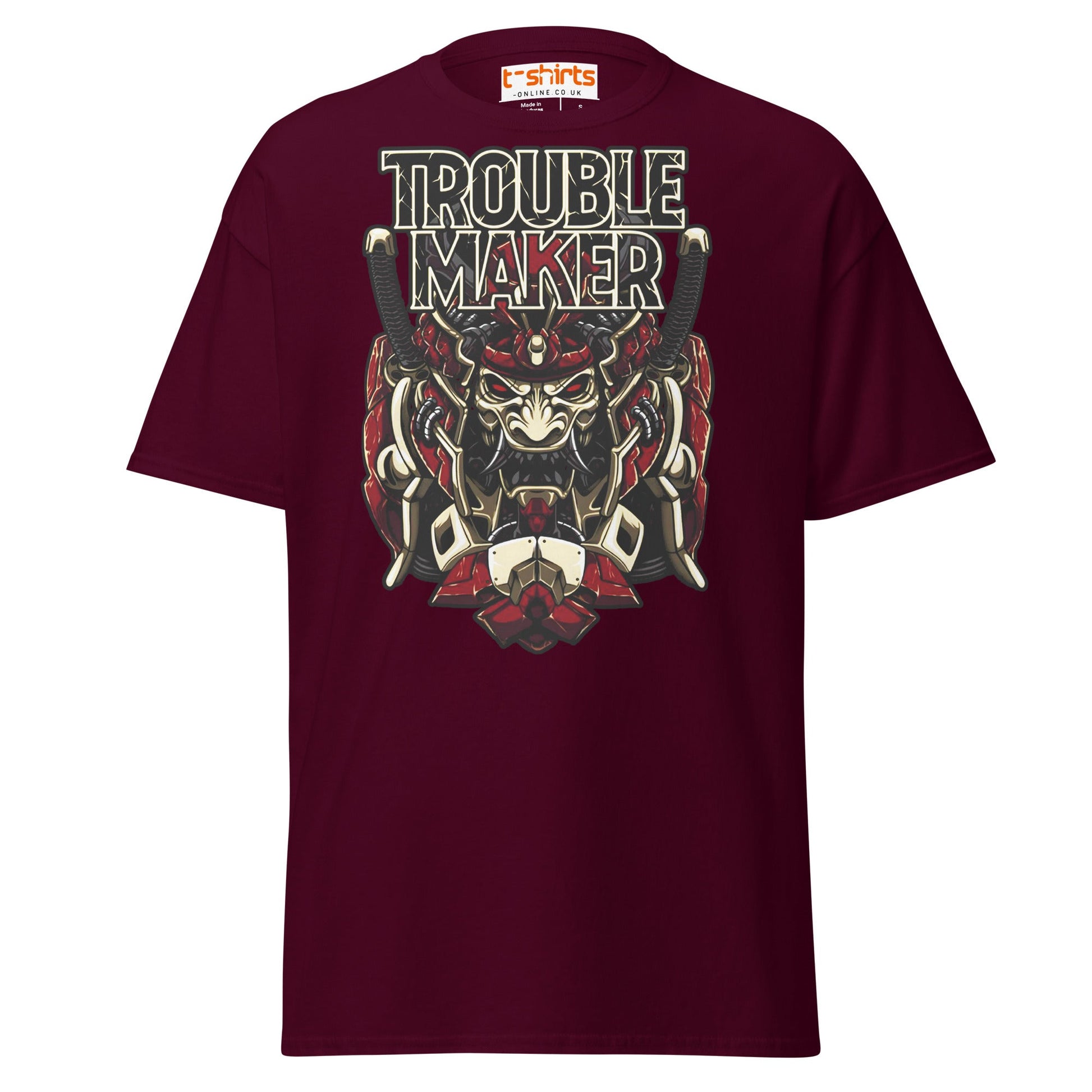 Troublemaker Samurai T-Shirt – Bold Warrior Design Tee - Maroon - T-Shirts Online