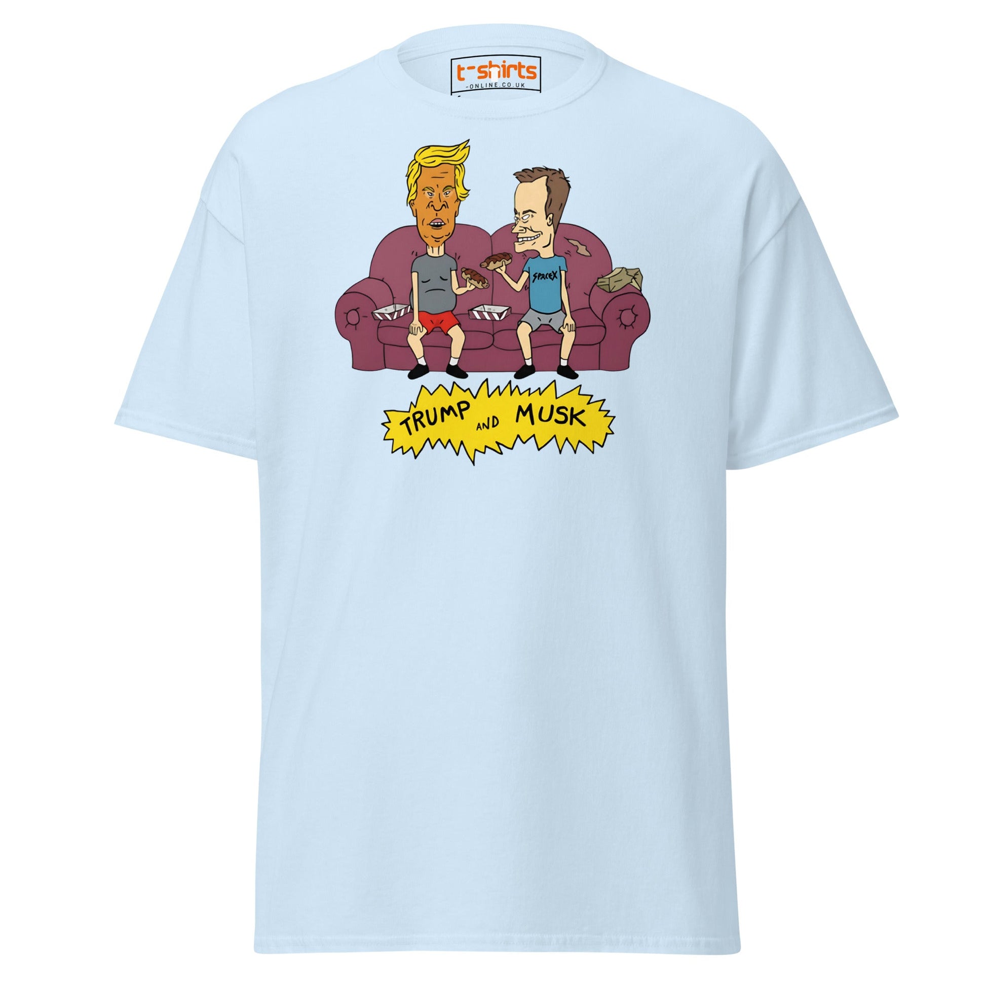 Trump and Musk Parody Cartoon T-Shirt - Light Blue - T-Shirts Online