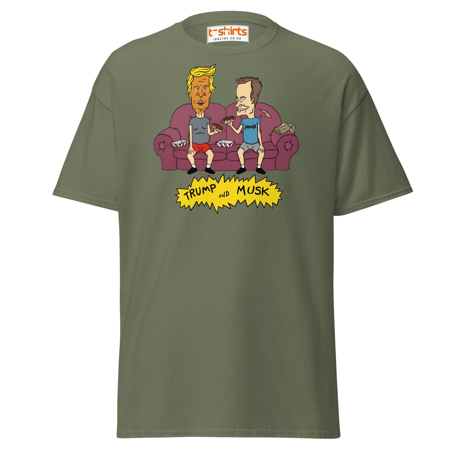 Trump and Musk Parody Cartoon T-Shirt - Military Green - T-Shirts Online