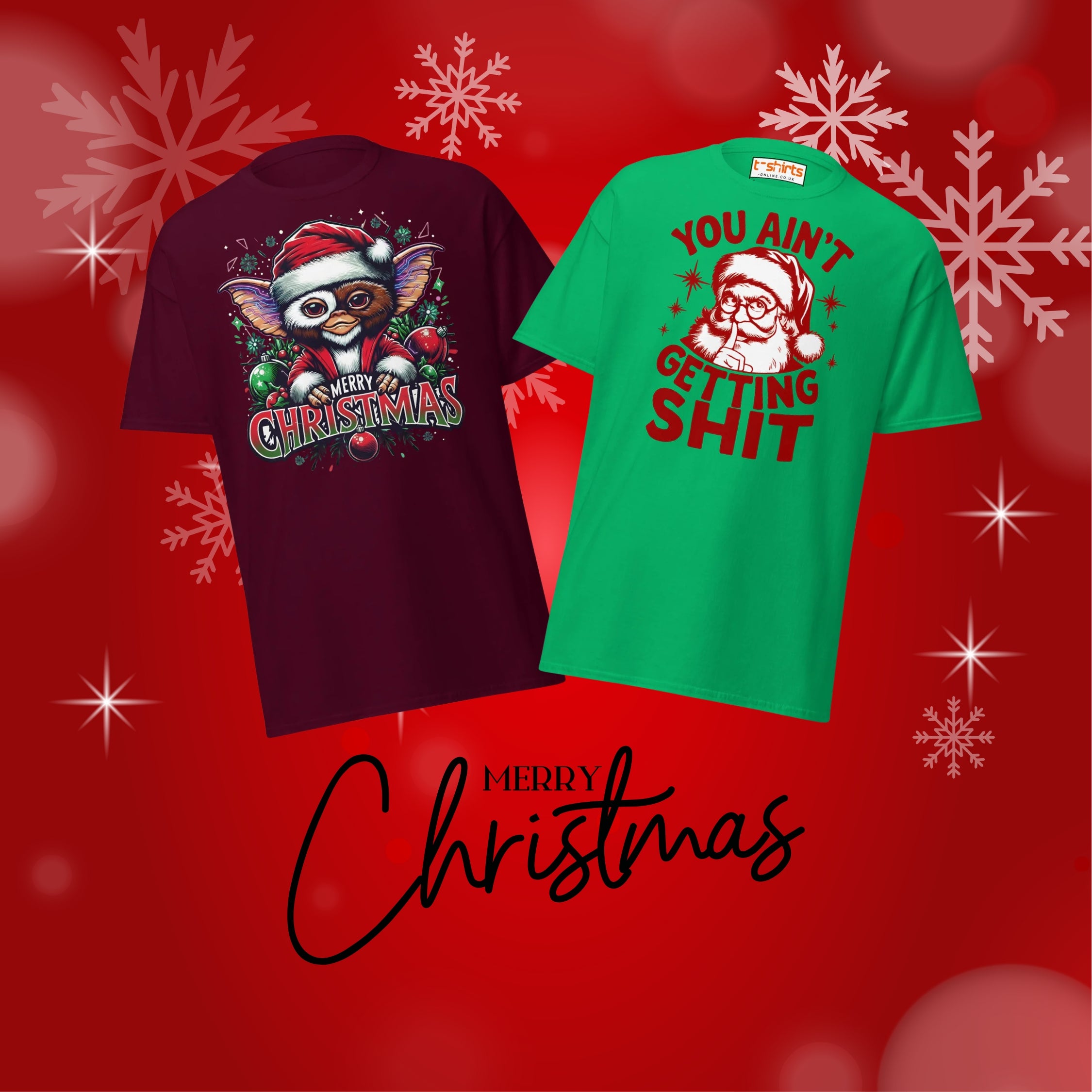 Two Christmas-themed t-shirts on a red background with snowflakes.