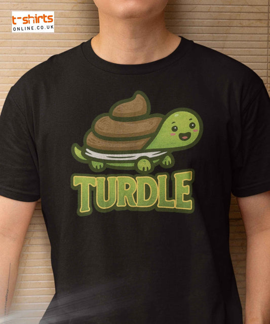 Cartoon turtle with a poop-shaped shell and smiling face above bold text that reads "TURDLE" in playful font.Online