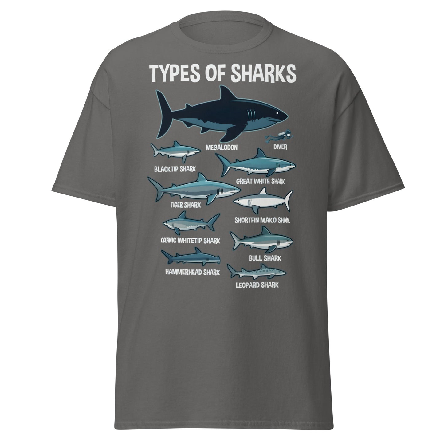Types of Sharks Scale T-Shirt | Marine Biology Graphic Tee - Charcoal - T-Shirts Online