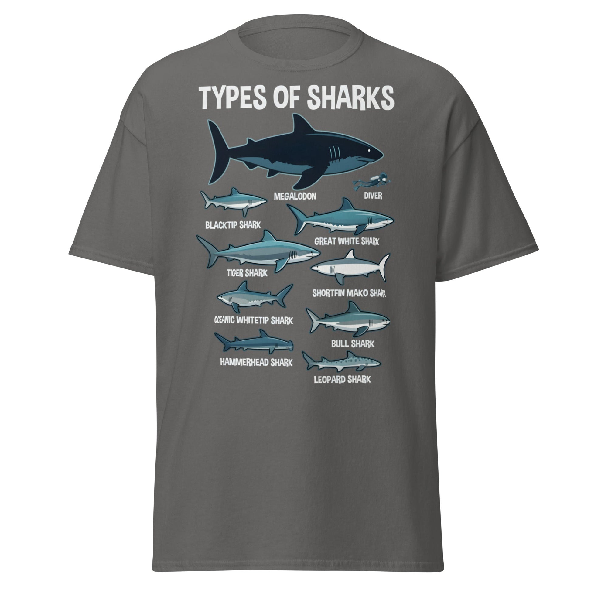 Types of Sharks Scale T-Shirt | Marine Biology Graphic Tee - Charcoal - T-Shirts Online
