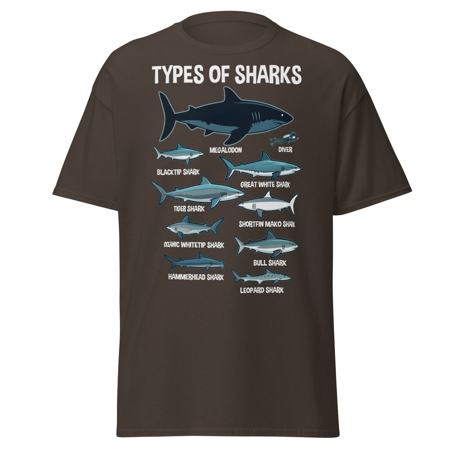 Types of Sharks Scale T-Shirt | Marine Biology Graphic Tee - Dark Chocolate - T-Shirts Online