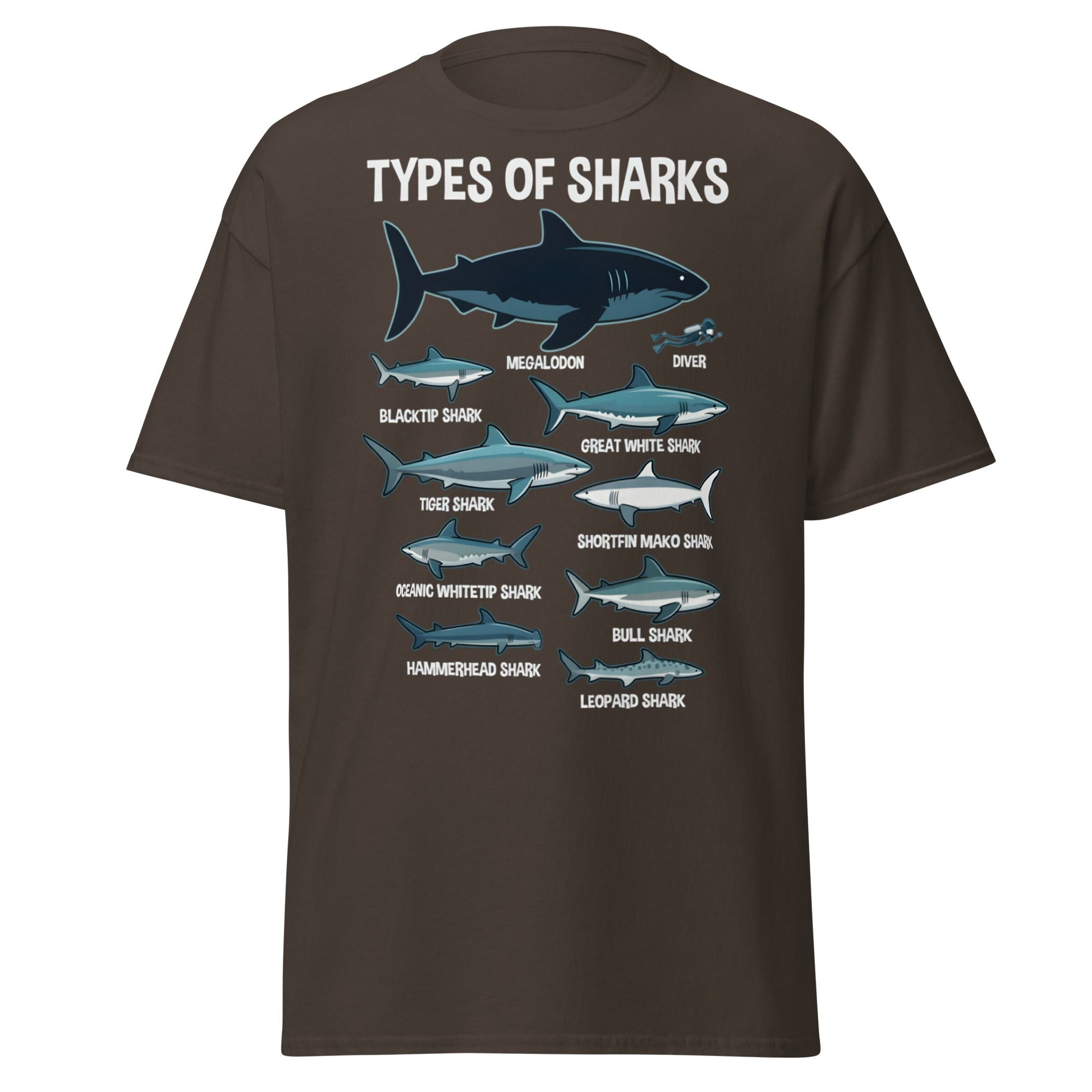 Types of Sharks Scale T-Shirt | Marine Biology Graphic Tee - Dark Chocolate - T-Shirts Online