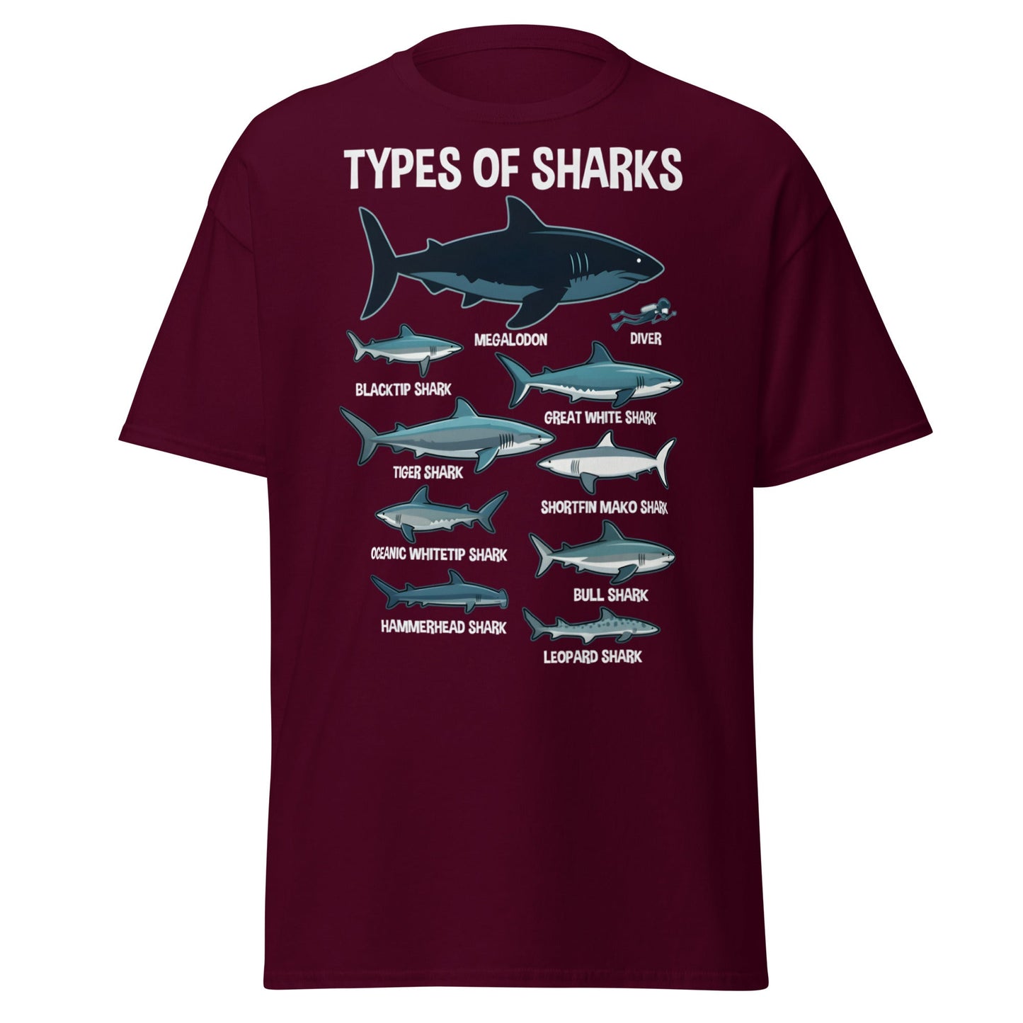 Types of Sharks Scale T-Shirt | Marine Biology Graphic Tee - Maroon - T-Shirts Online