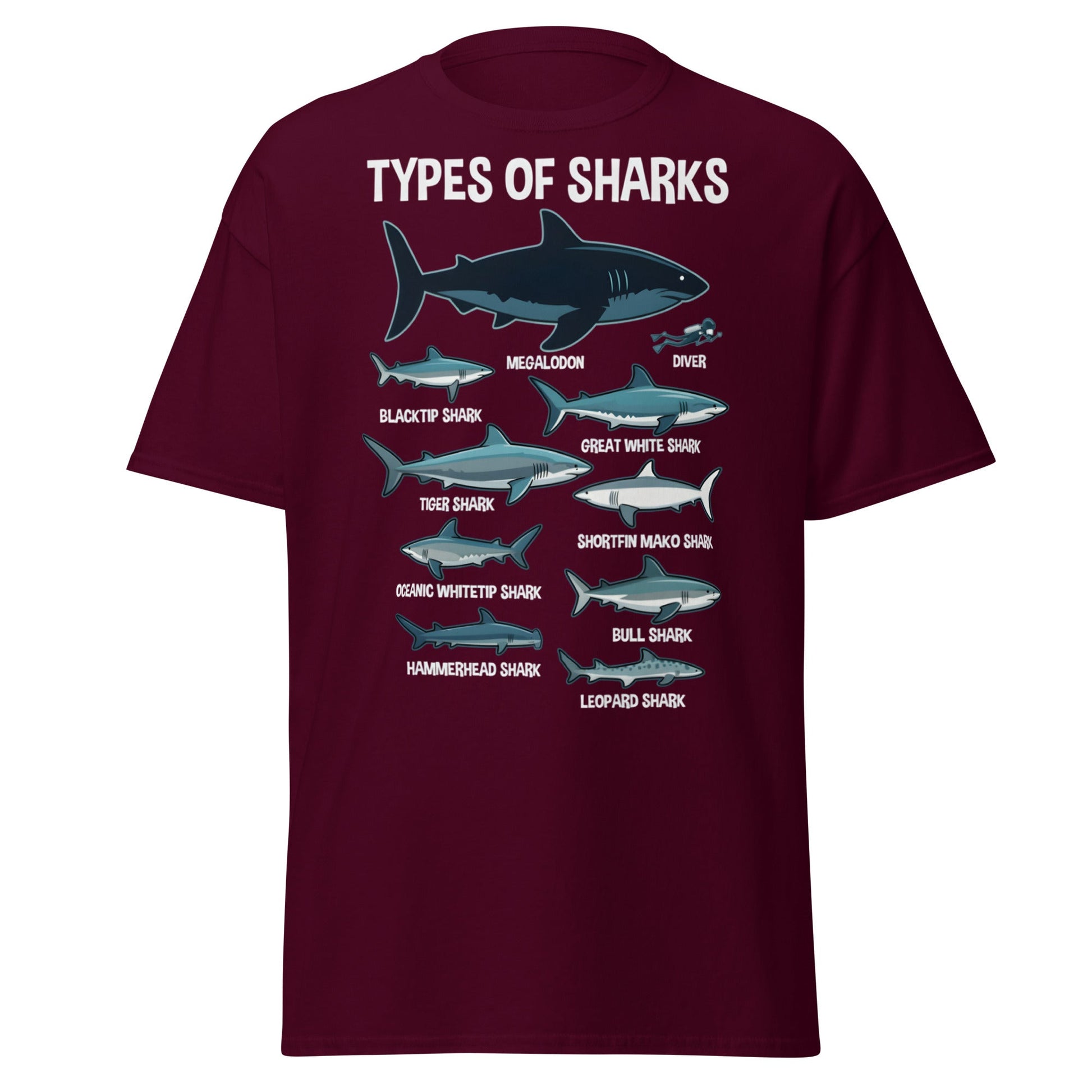Types of Sharks Scale T-Shirt | Marine Biology Graphic Tee - Maroon - T-Shirts Online