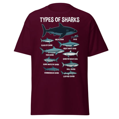 Types of Sharks Scale T-Shirt | Marine Biology Graphic Tee - Maroon - T-Shirts Online