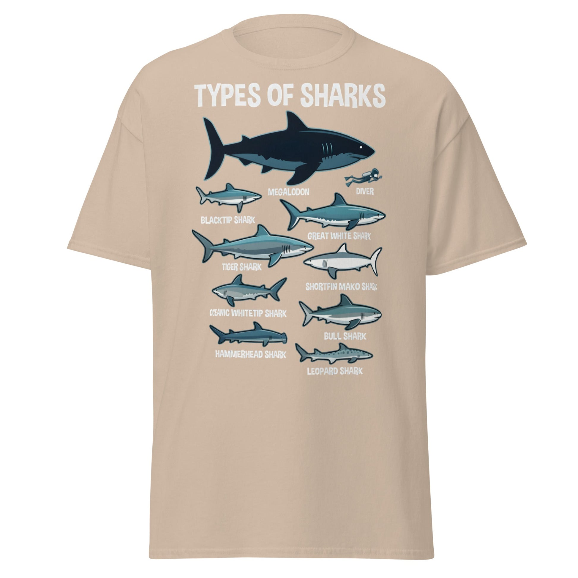 Types of Sharks Scale T-Shirt | Marine Biology Graphic Tee - Sand - T-Shirts Online