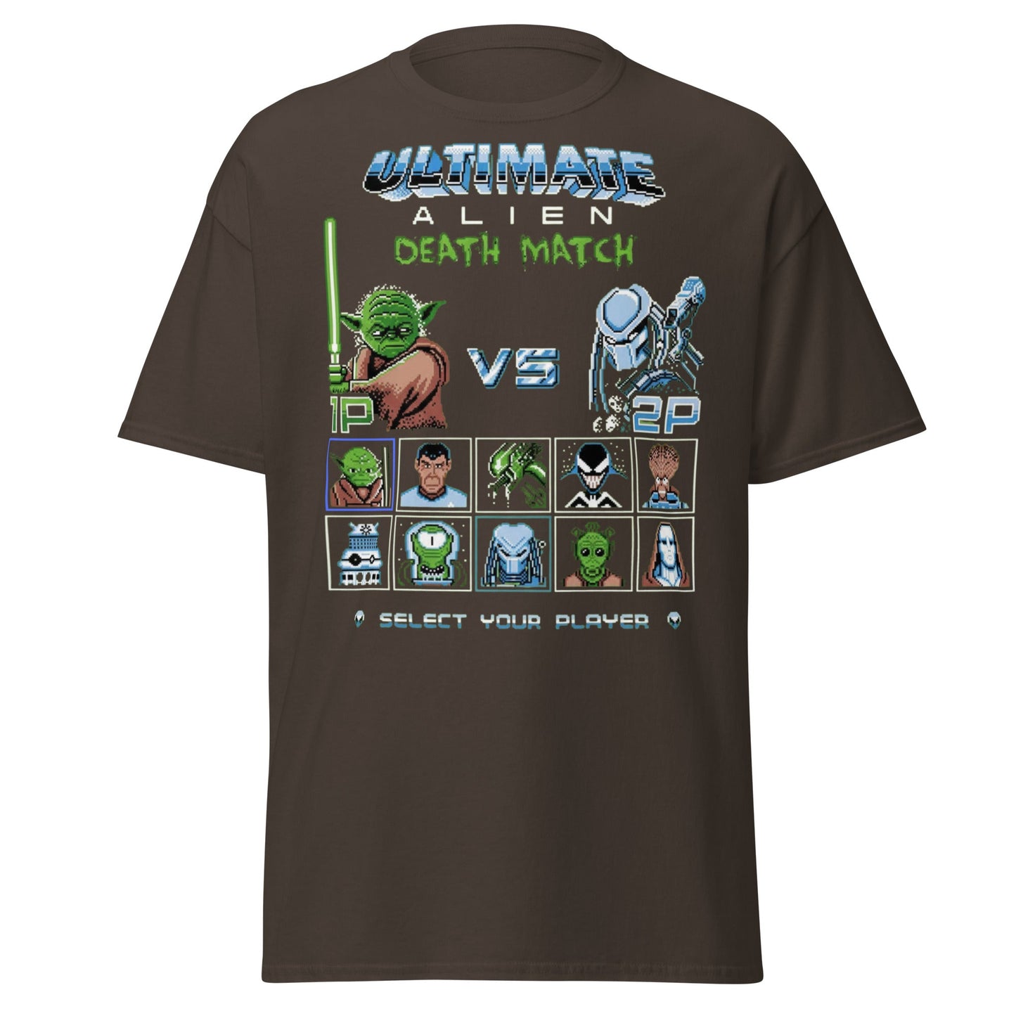 Ultimate Alien Death Match T-Shirt - Retro Gaming Parody - Dark Chocolate - T-Shirts Online