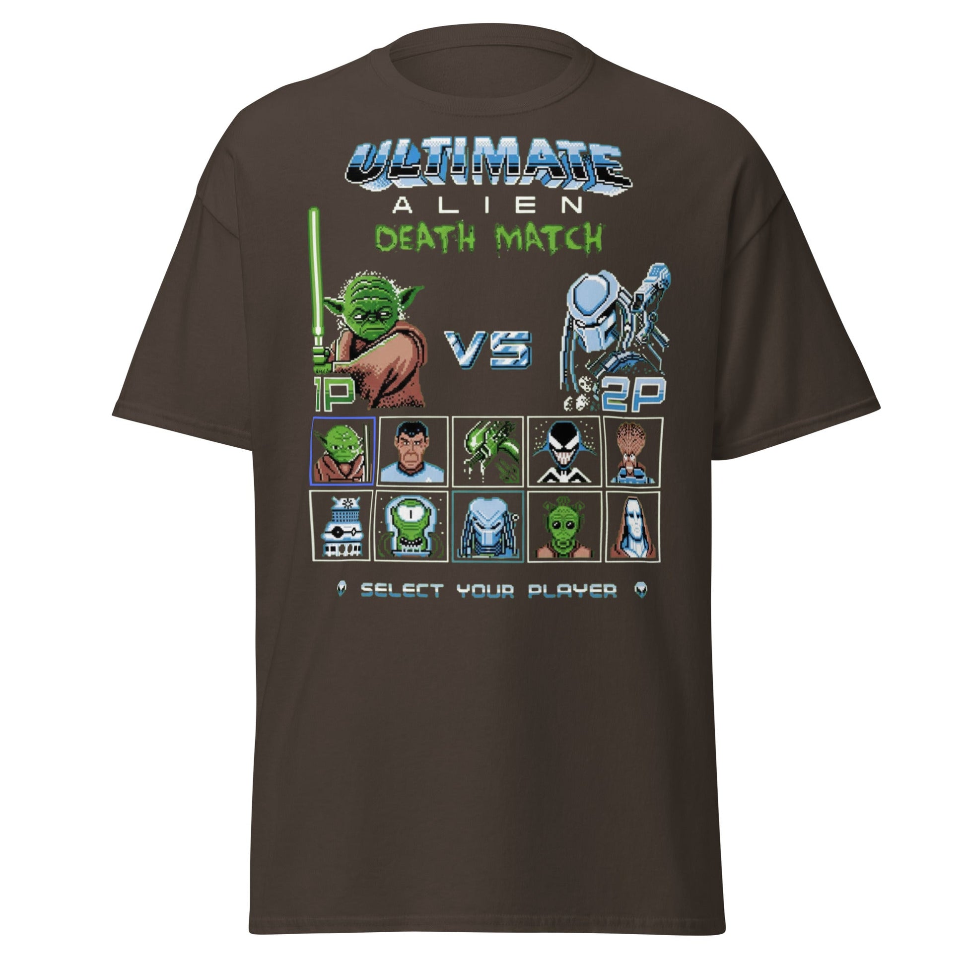 Ultimate Alien Death Match T-Shirt - Retro Gaming Parody - Dark Chocolate - T-Shirts Online