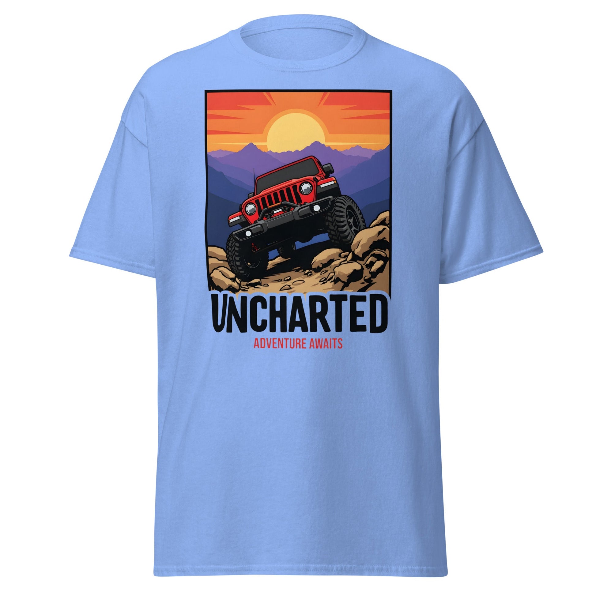 Uncharted Adventure Awaits Off - Road Jeep Tee | 4x4 Apparel - Carolina Blue - T-Shirts Online