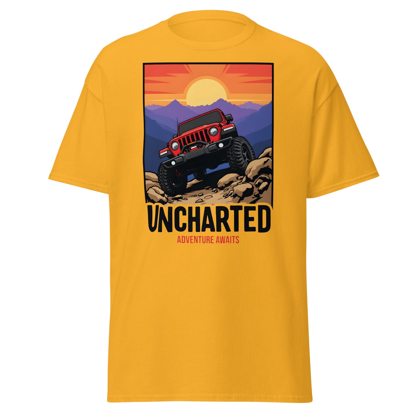 Uncharted Adventure Awaits Off - Road Jeep Tee | 4x4 Apparel - Gold - T-Shirts Online